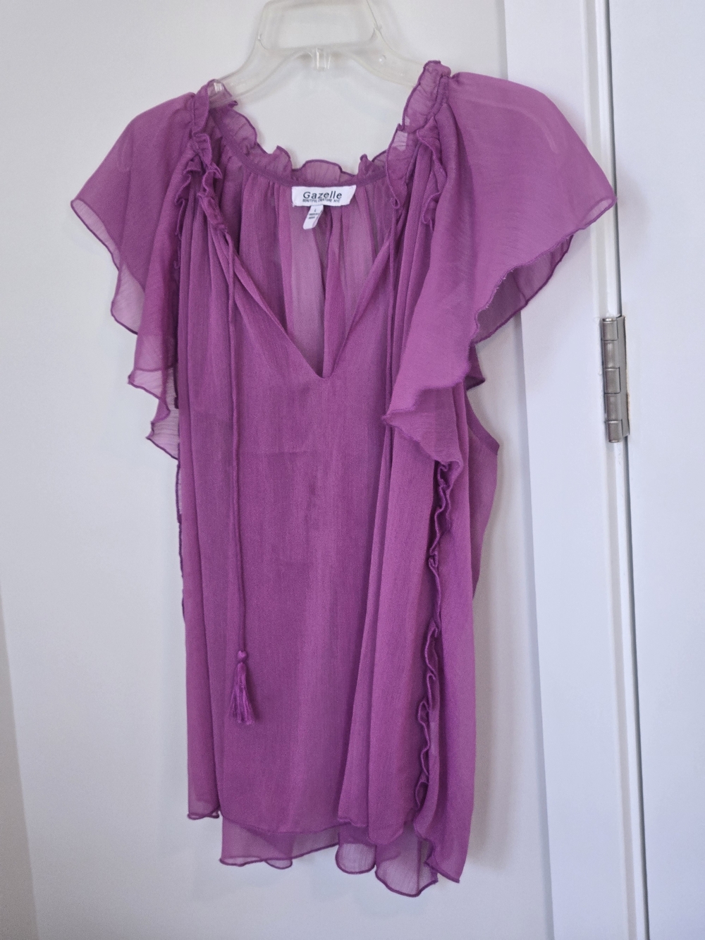 Gazelle sheer fuchsia Ruffle-Sleeve V-Neck Blouse. Made in India.